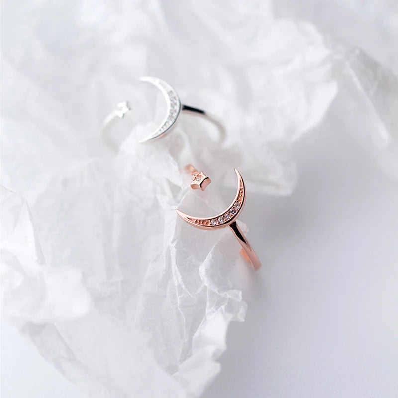 Sterling Silver Star & Moon Zircon Ring