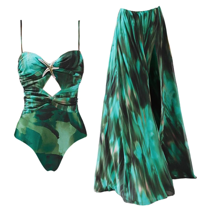 Starfish One-Piece Swimsuit & Skirt Set