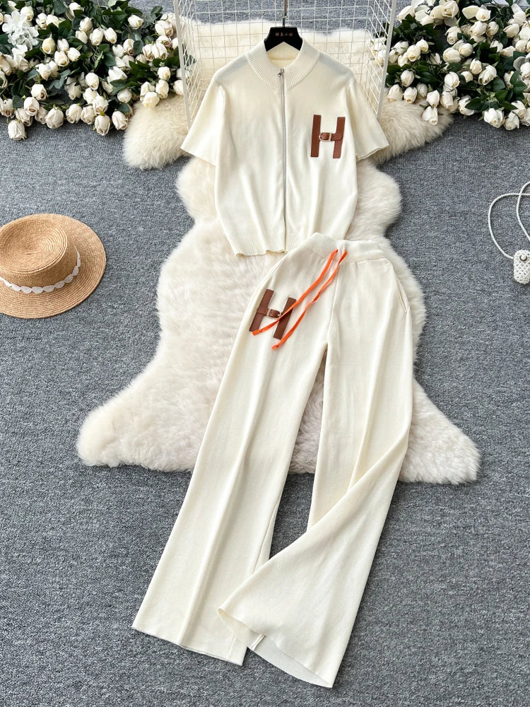 Knitted Two-Piece Set (Cardigan & Wide-Leg Pants)