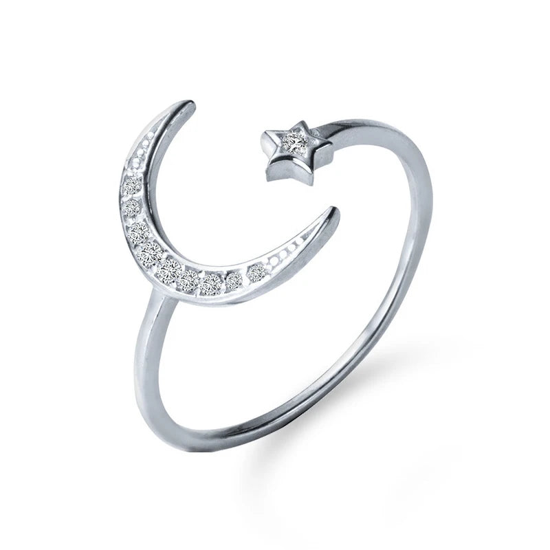 Sterling Silver Star & Moon Zircon Ring