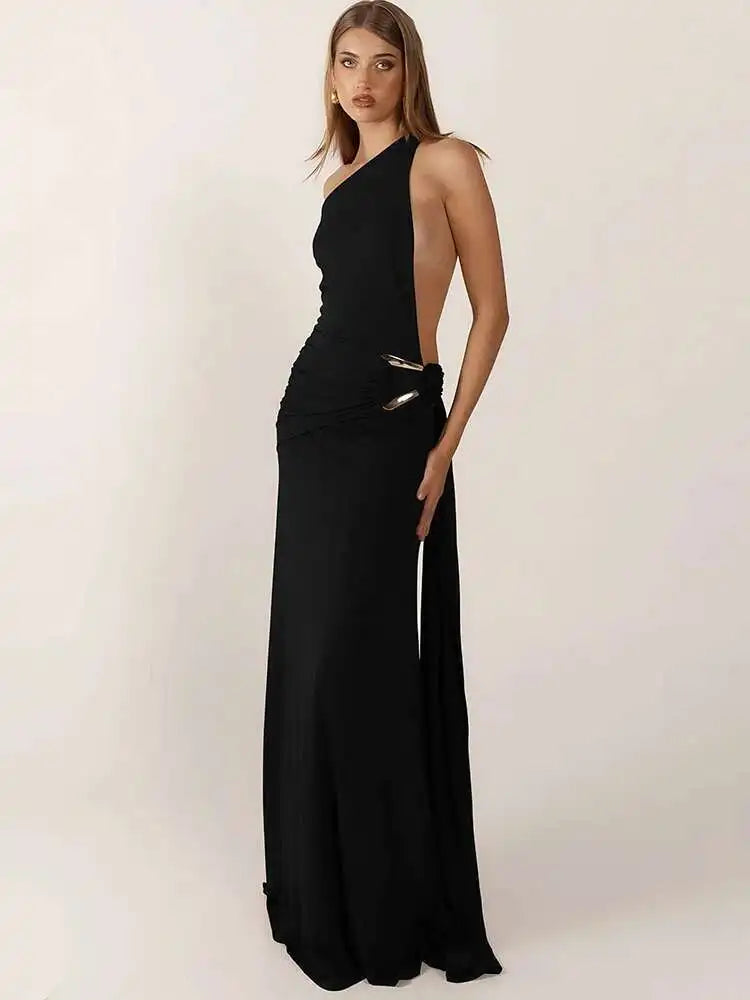 One-Shoulder Metal Button Maxi Dress