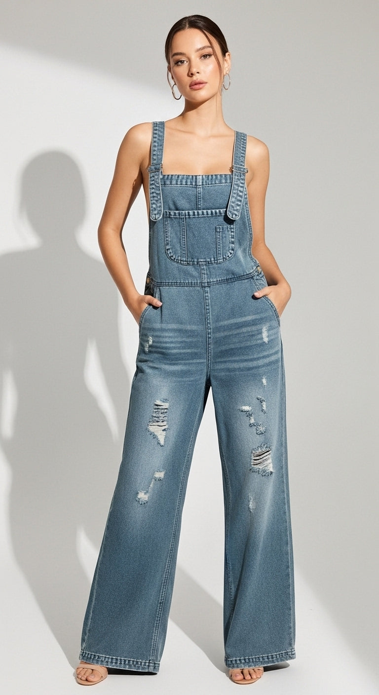 Nora Distressed Denim Overalls