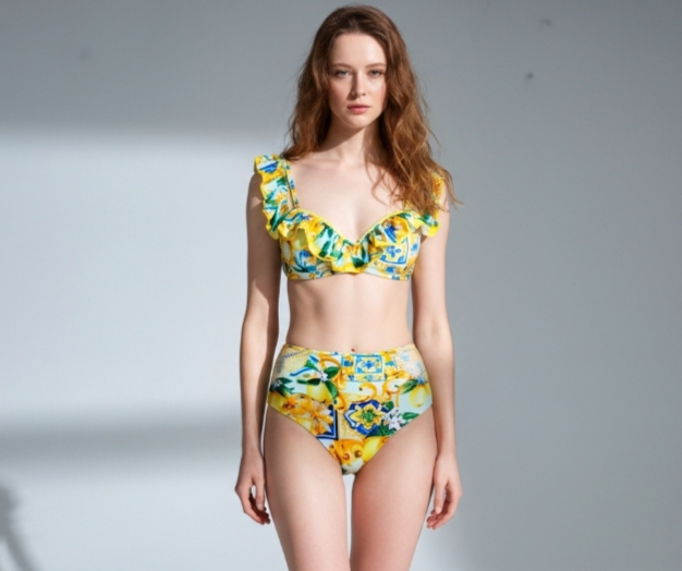 Lemon Ruffle Monokini with Mesh Sarong
