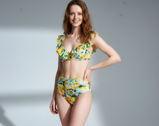 Lemon Ruffle Monokini with Mesh Sarong